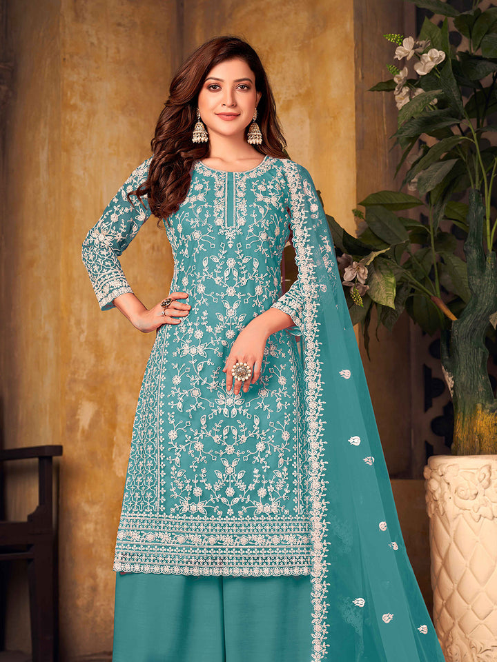 Blue Embroidered Net Semi Stitched Kurta With Palazzo &amp; Dupatta