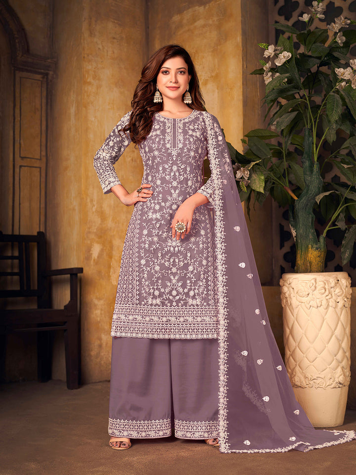 Mauve Embroidered Net Semi Stitched Kurta With Palazzo &amp; Dupatta