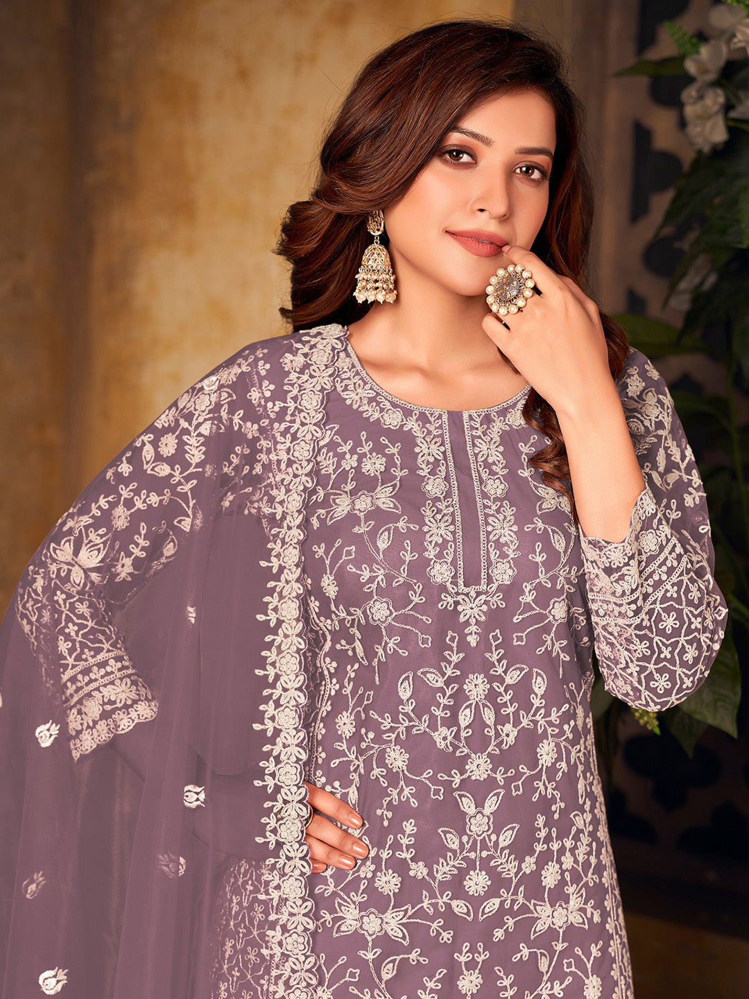 Mauve Embroidered Net Semi Stitched Kurta With Palazzo &amp; Dupatta