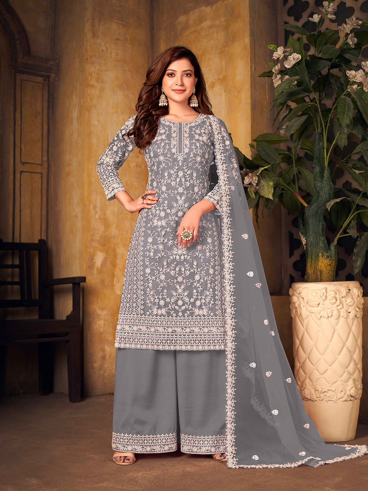 Grey Embroidered Net Semi Stitched Kurta With Palazzo &amp; Dupatta