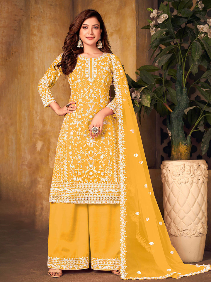 Yellow Embroidered Net Semi Stitched Kurta With Palazzo &amp; Dupatta