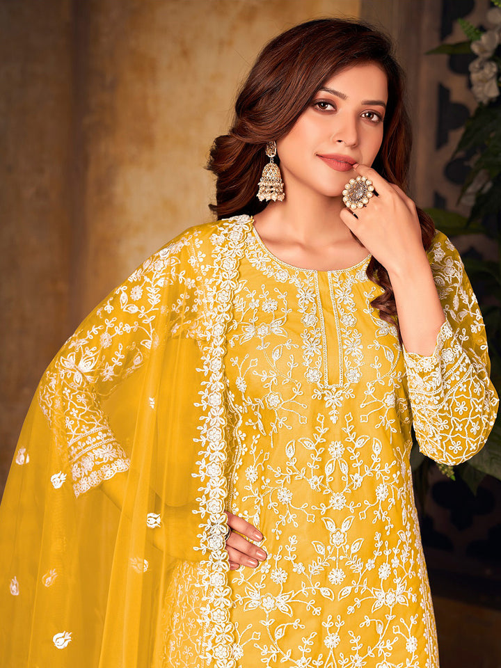 Yellow Embroidered Net Semi Stitched Kurta With Palazzo &amp; Dupatta