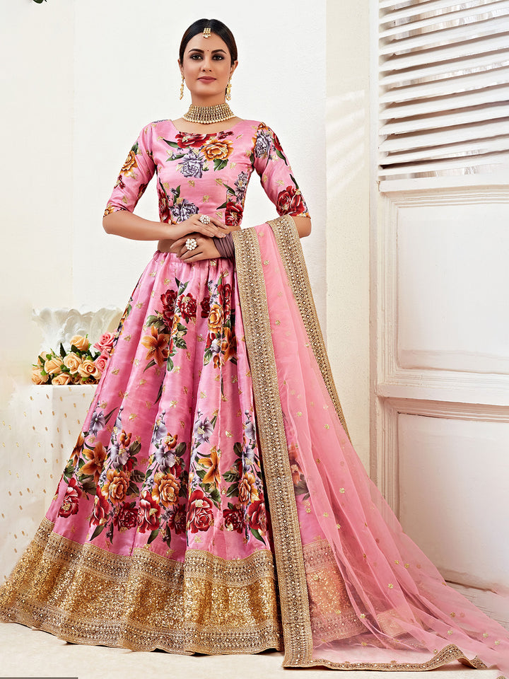 Pink Embroidered Satin Semi Stitched Kurta Choli With Lehenga &amp; Dupatta