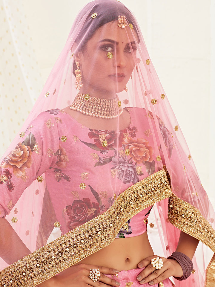 Pink Embroidered Satin Semi Stitched Kurta Choli With Lehenga &amp; Dupatta