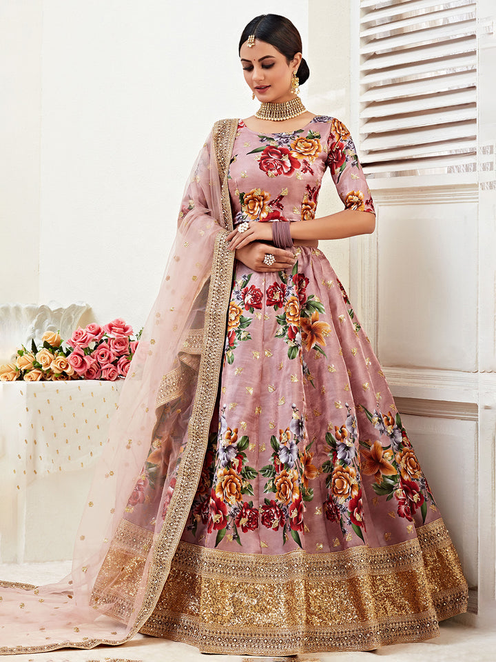 Rose Embroidered Satin Semi Stitched Kurta Choli With Lehenga &amp; Dupatta