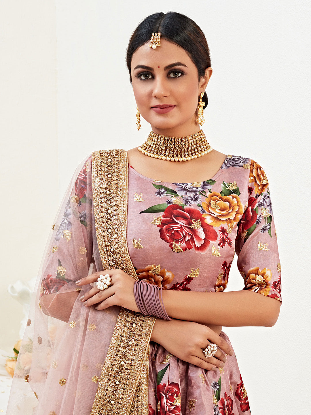 Rose Embroidered Satin Semi Stitched Kurta Choli With Lehenga &amp; Dupatta