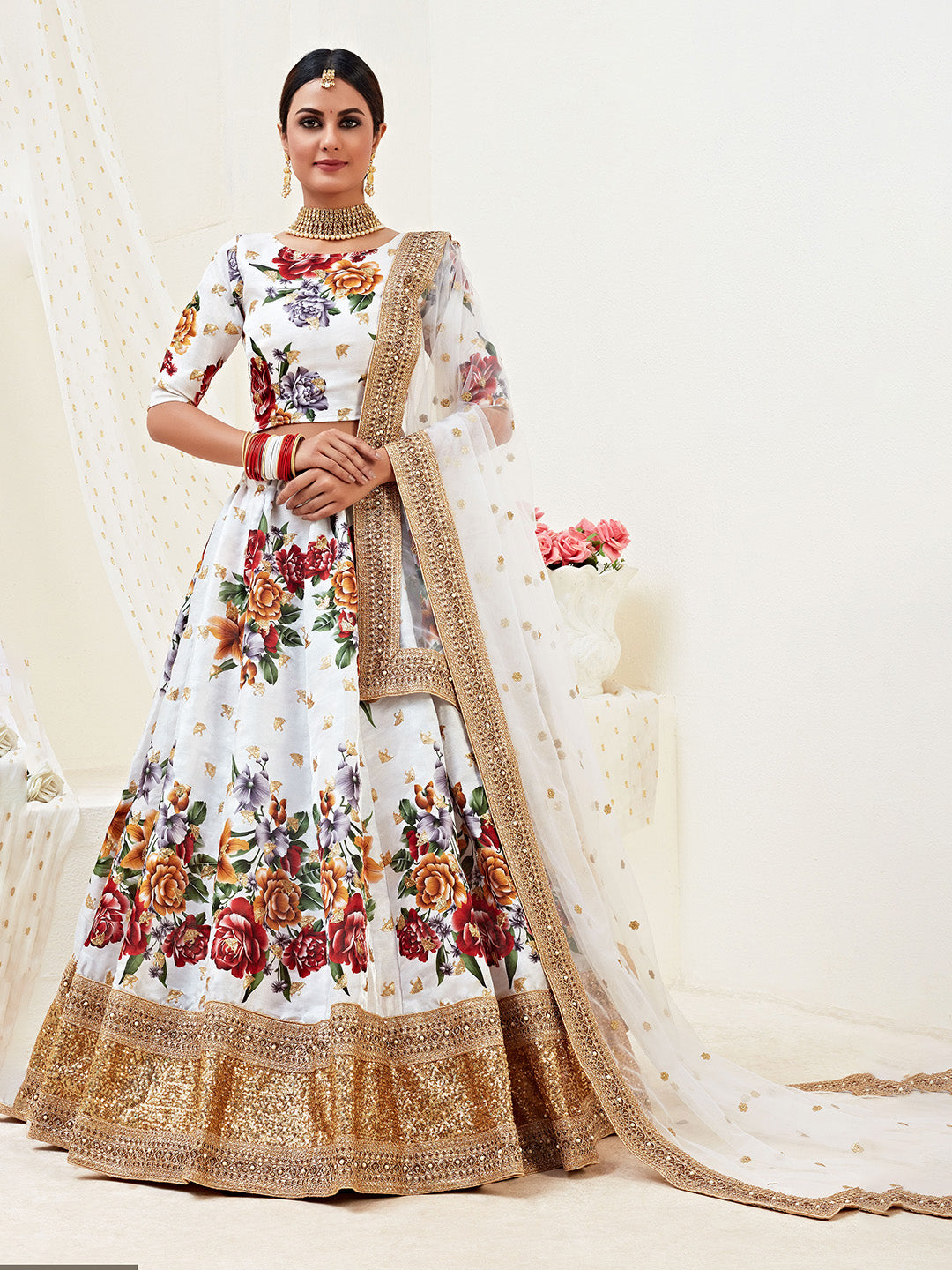 Off White Embroidered Satin Semi Stitched Kurta Choli With Lehenga &amp; Dupatta