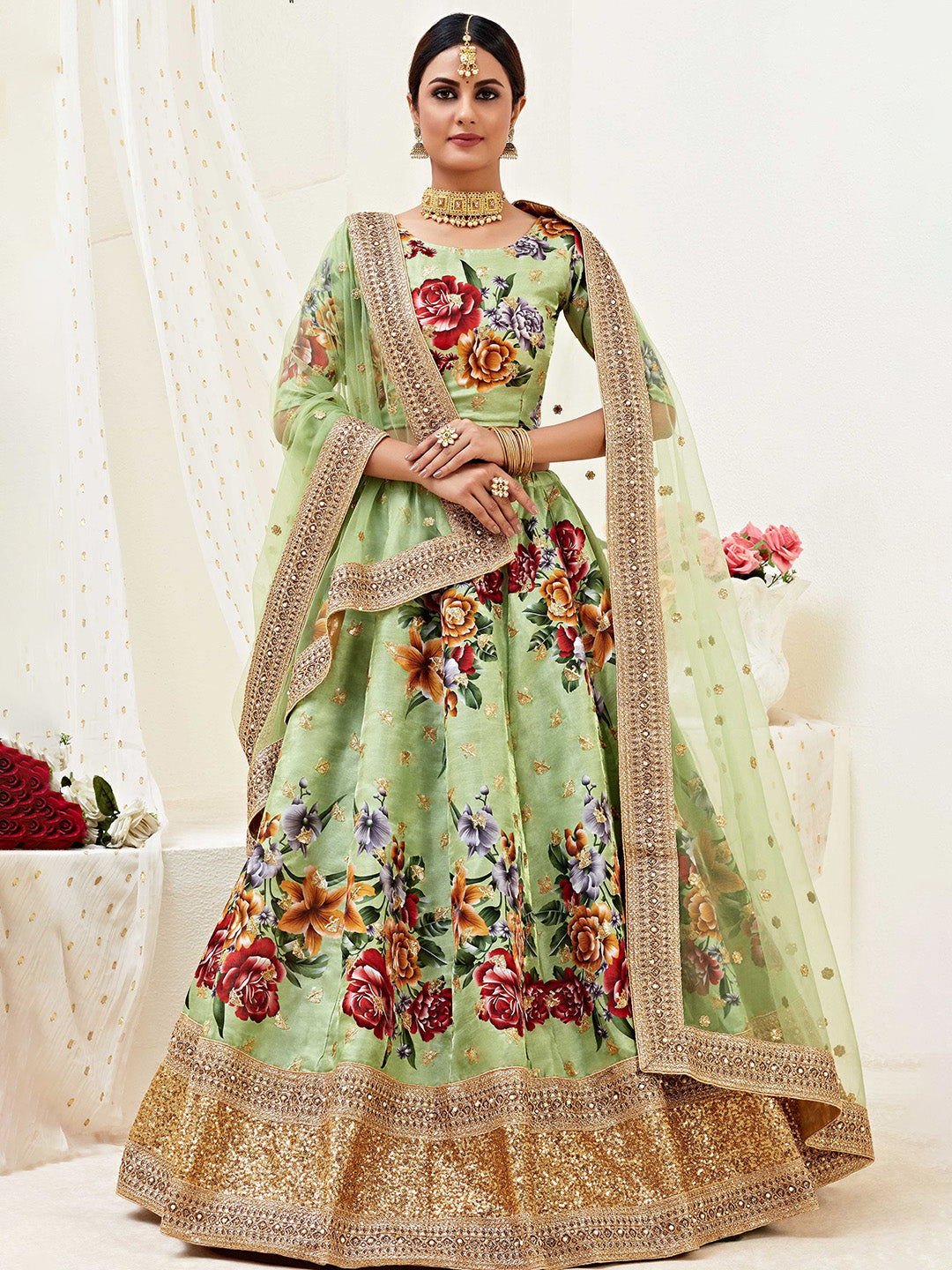 Green Embroidered Satin Semi Stitched Kurta Choli With Lehenga &amp; Dupatta