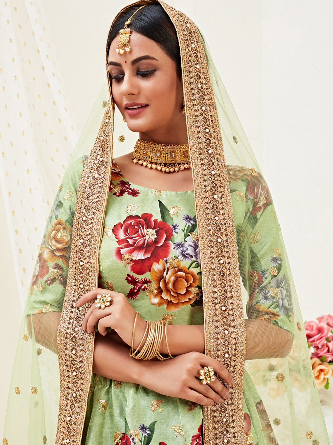 Green Embroidered Satin Semi Stitched Kurta Choli With Lehenga &amp; Dupatta