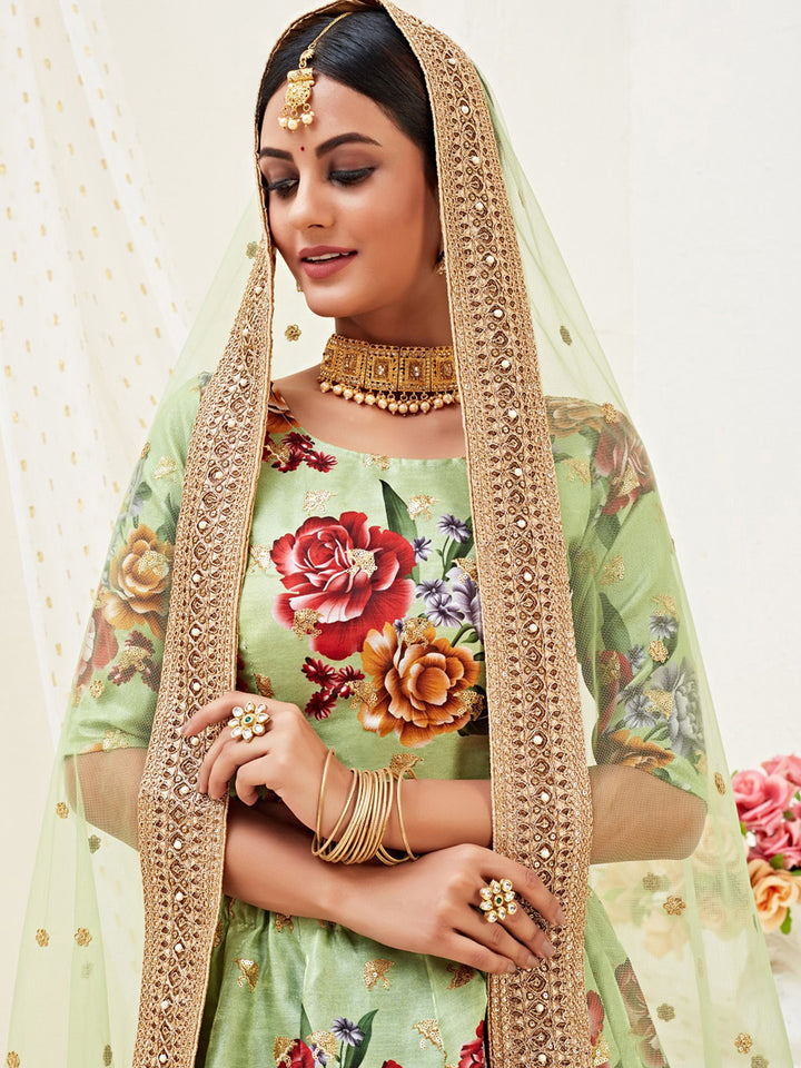 Green Embroidered Satin Semi Stitched Kurta Choli With Lehenga &amp; Dupatta