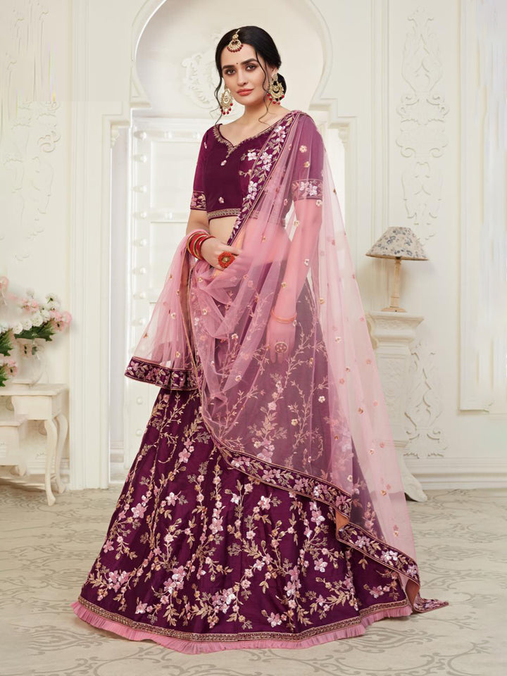 Wine Embroidered Art Silk Semi Stitched Blouse Lehenga &amp; Dupatta