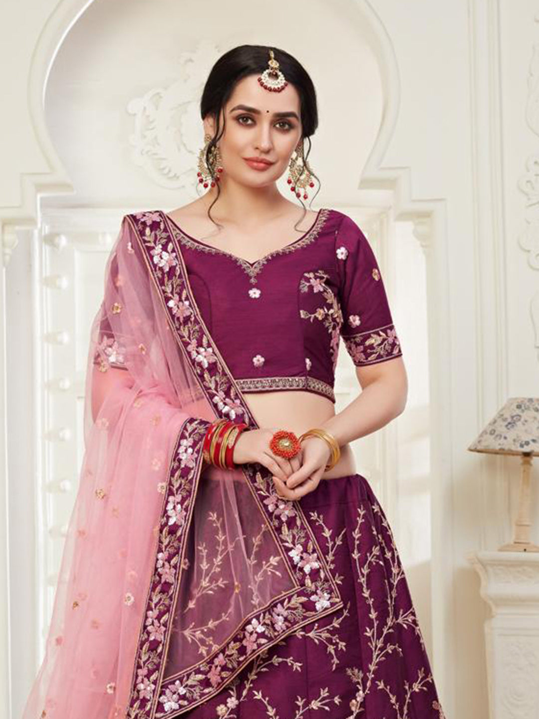 Wine Embroidered Art Silk Semi Stitched Blouse Lehenga &amp; Dupatta