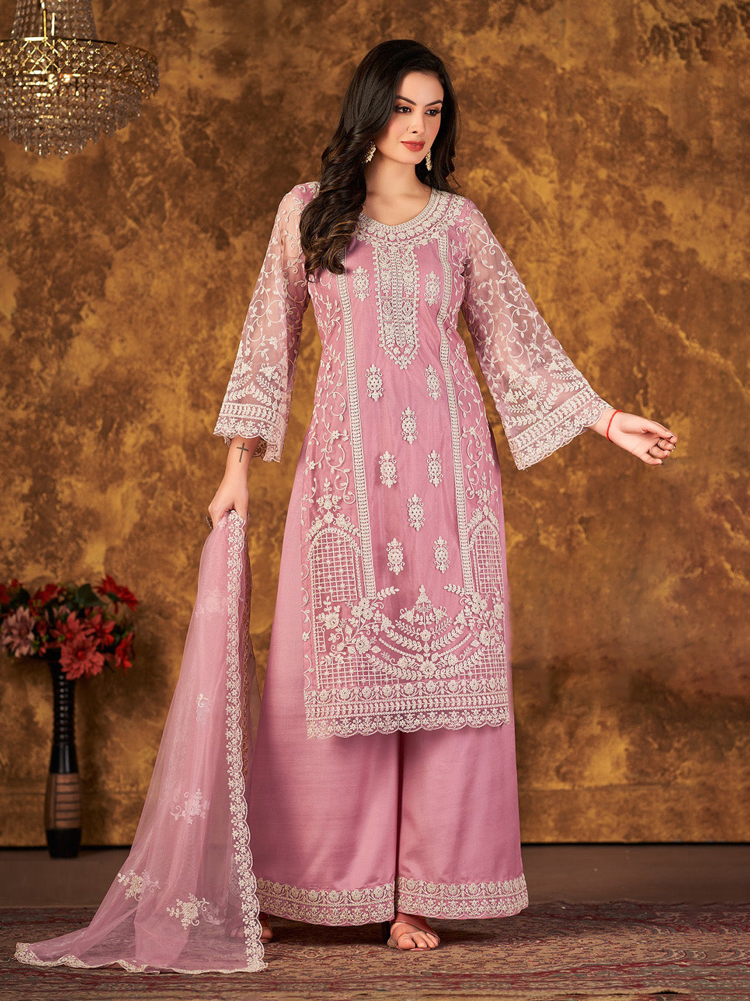 Pink Embroidered Net Semi Stitched Kurta With Palazzo &amp; Dupatta