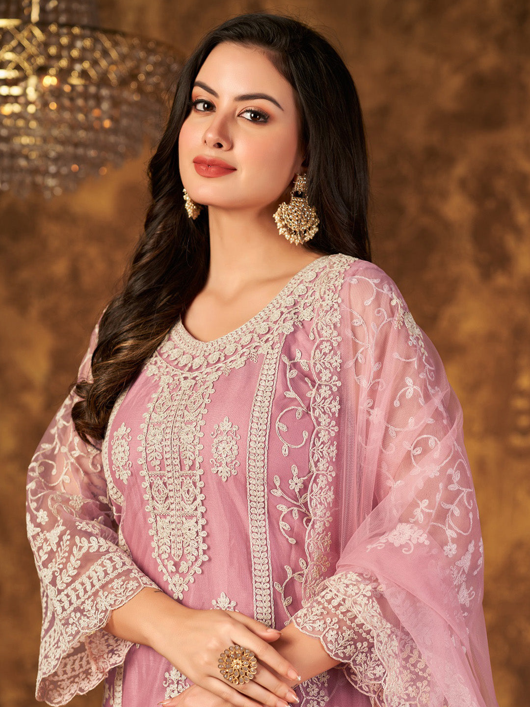 Pink Embroidered Net Semi Stitched Kurta With Palazzo &amp; Dupatta
