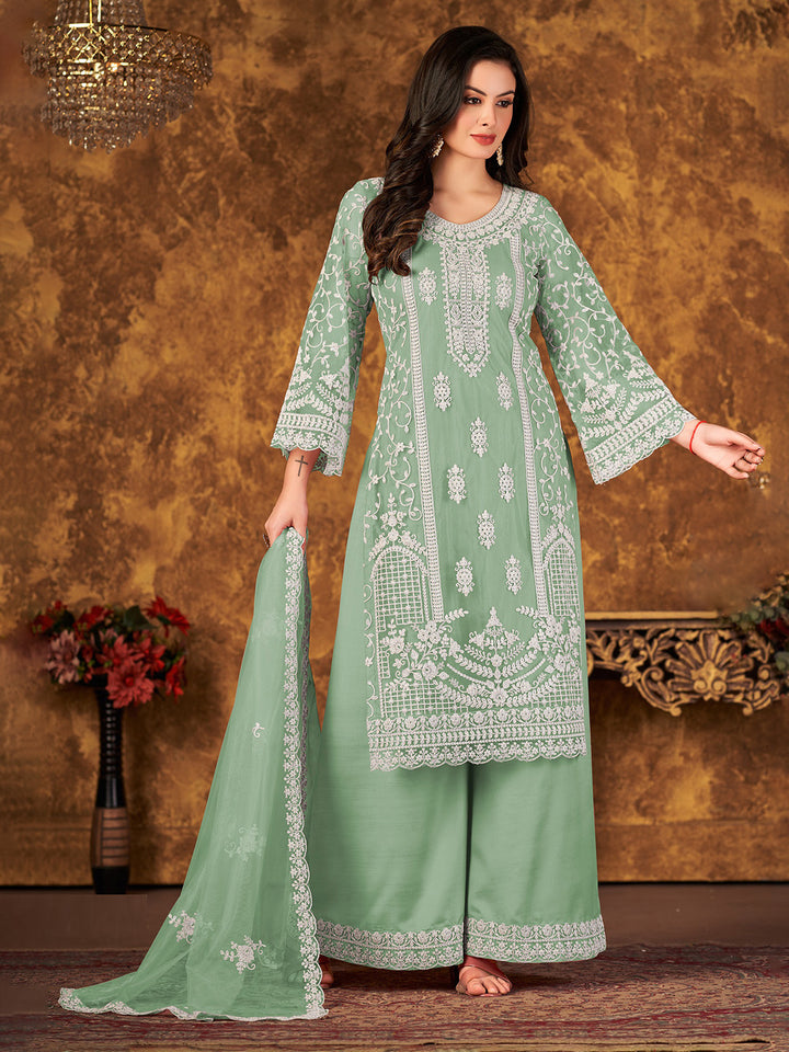 Green Embroidered Net Semi Stitched Kurta With Palazzo &amp; Dupatta