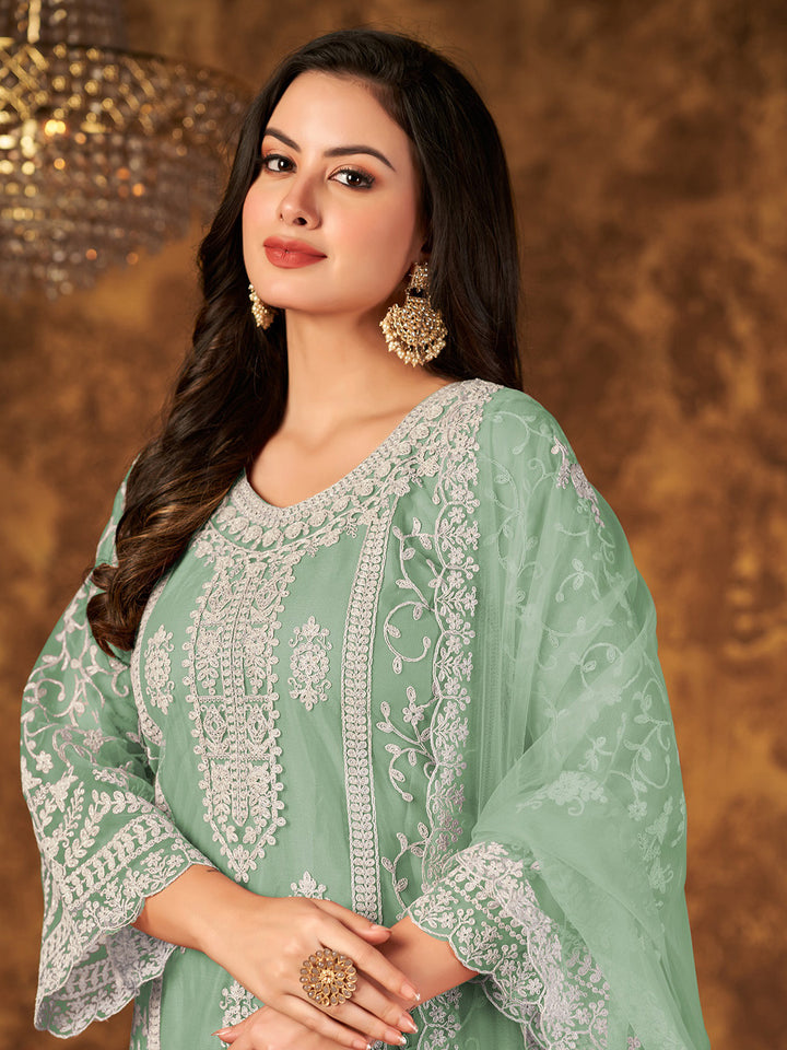 Green Embroidered Net Semi Stitched Kurta With Palazzo &amp; Dupatta