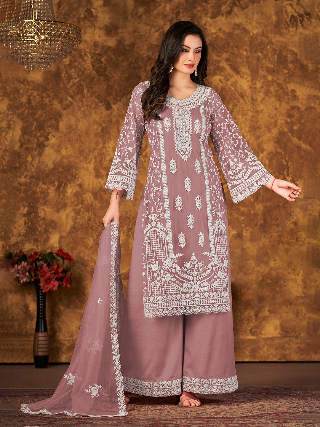 Dusty Pink Embroidered Net Semi Stitched Kurta With Palazzo &amp; Dupatta