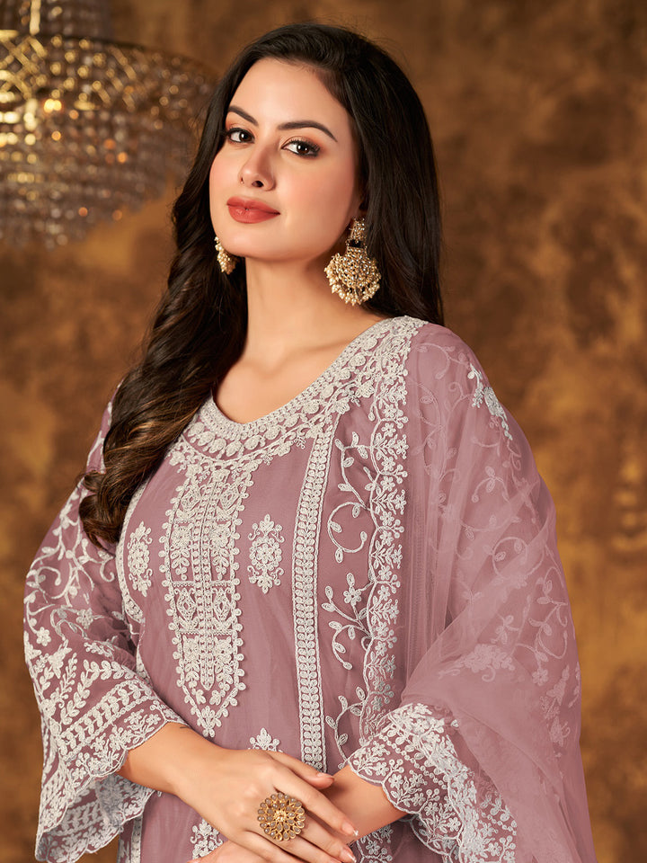 Dusty Pink Embroidered Net Semi Stitched Kurta With Palazzo &amp; Dupatta