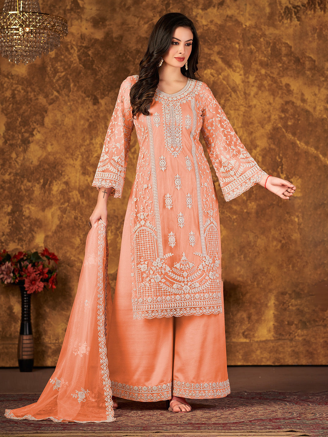 Peach Embroidered Net Semi Stitched Kurta With Palazzo &amp; Dupatta