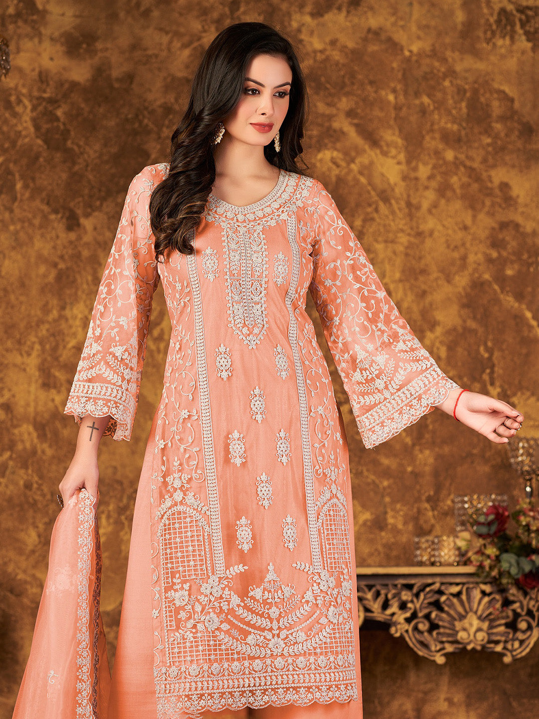 Peach Embroidered Net Semi Stitched Kurta With Palazzo &amp; Dupatta