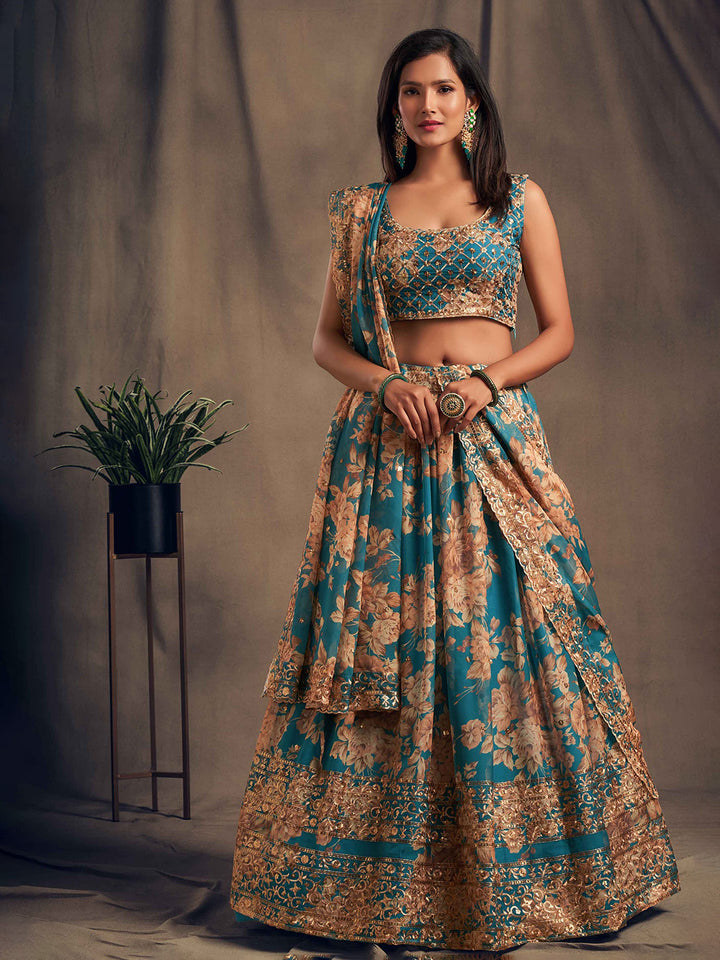 Blue Embroidered Oaganza Semi Stitched Kurta Choli With Lehenga &amp; Dupatta