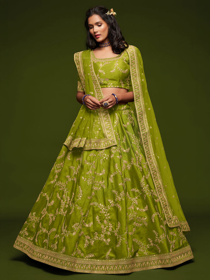Olive-Green Art Silk Embroidered Semi Stitched Lehenga Choli with Dupatta