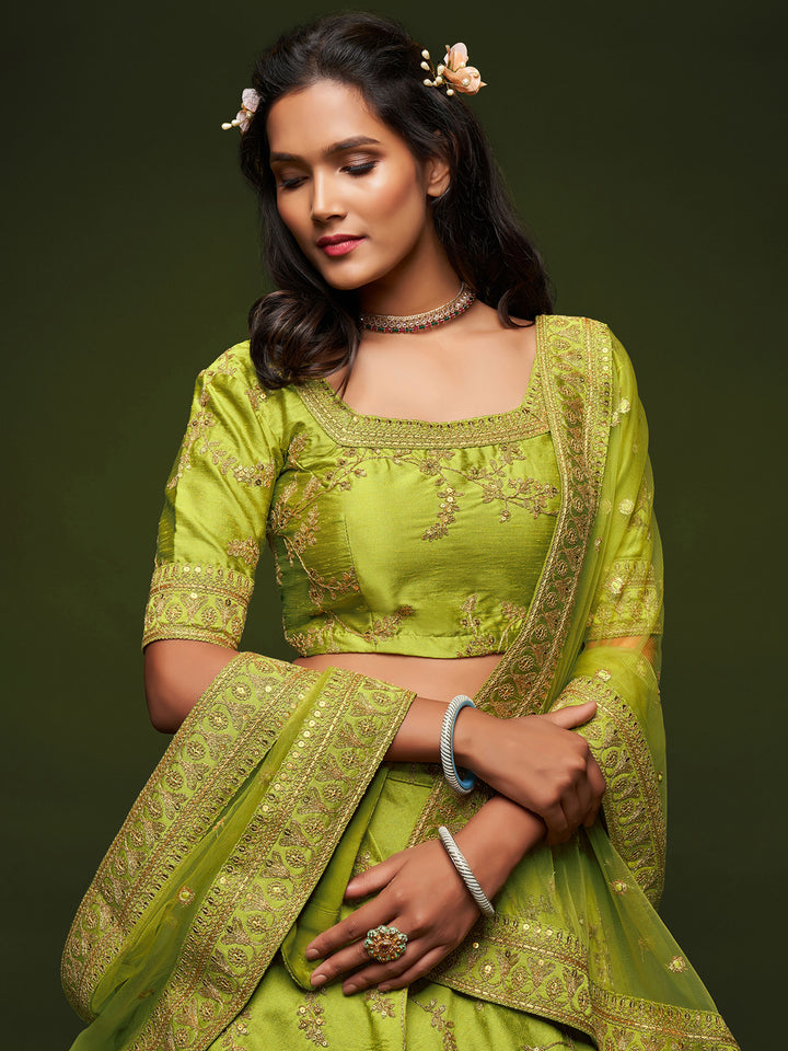 Olive-Green Art Silk Embroidered Semi Stitched Lehenga Choli with Dupatta