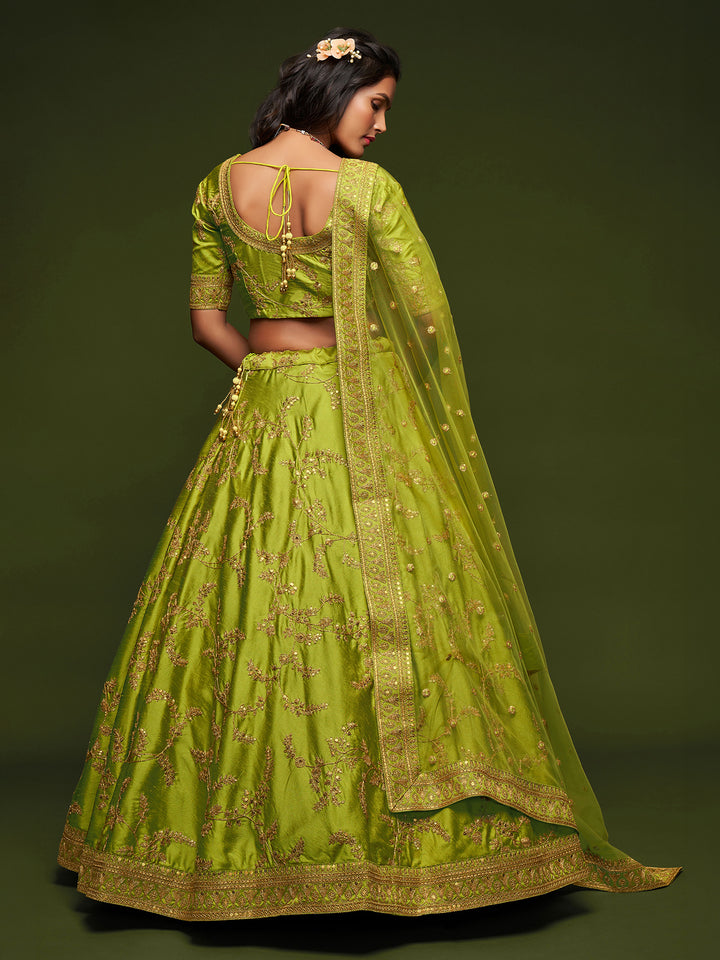 Olive-Green Art Silk Embroidered Semi Stitched Lehenga Choli with Dupatta