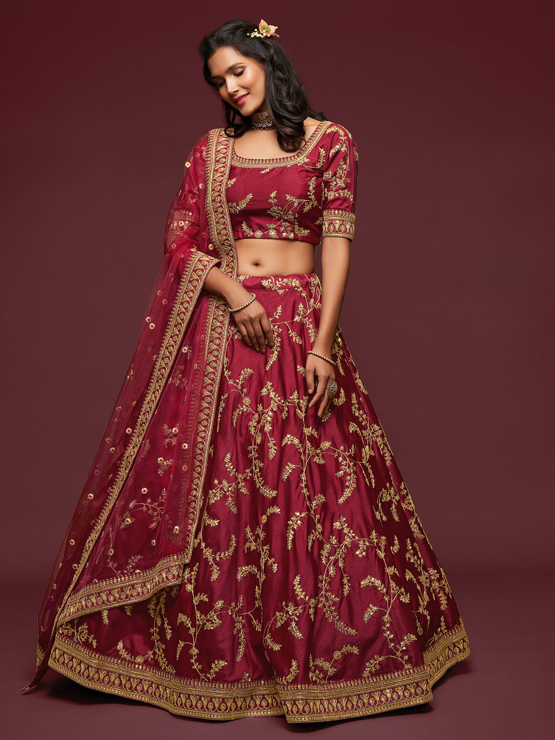 Maroon Art Silk Embroidered Semi Stitched Lehenga Choli with Dupatta