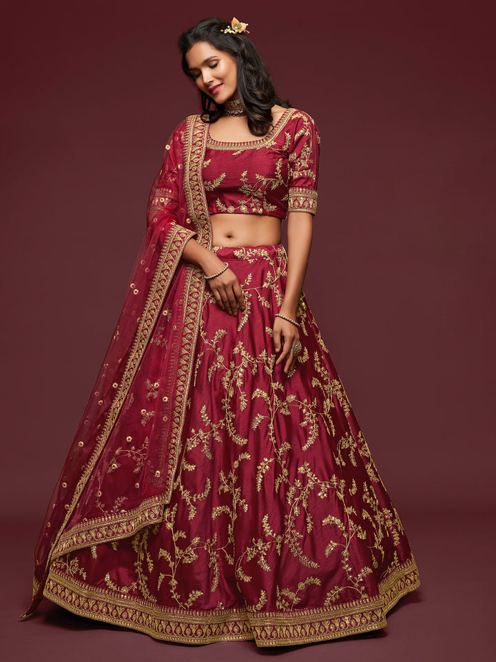 Maroon Art Silk Embroidered Semi Stitched Lehenga Choli with Dupatta