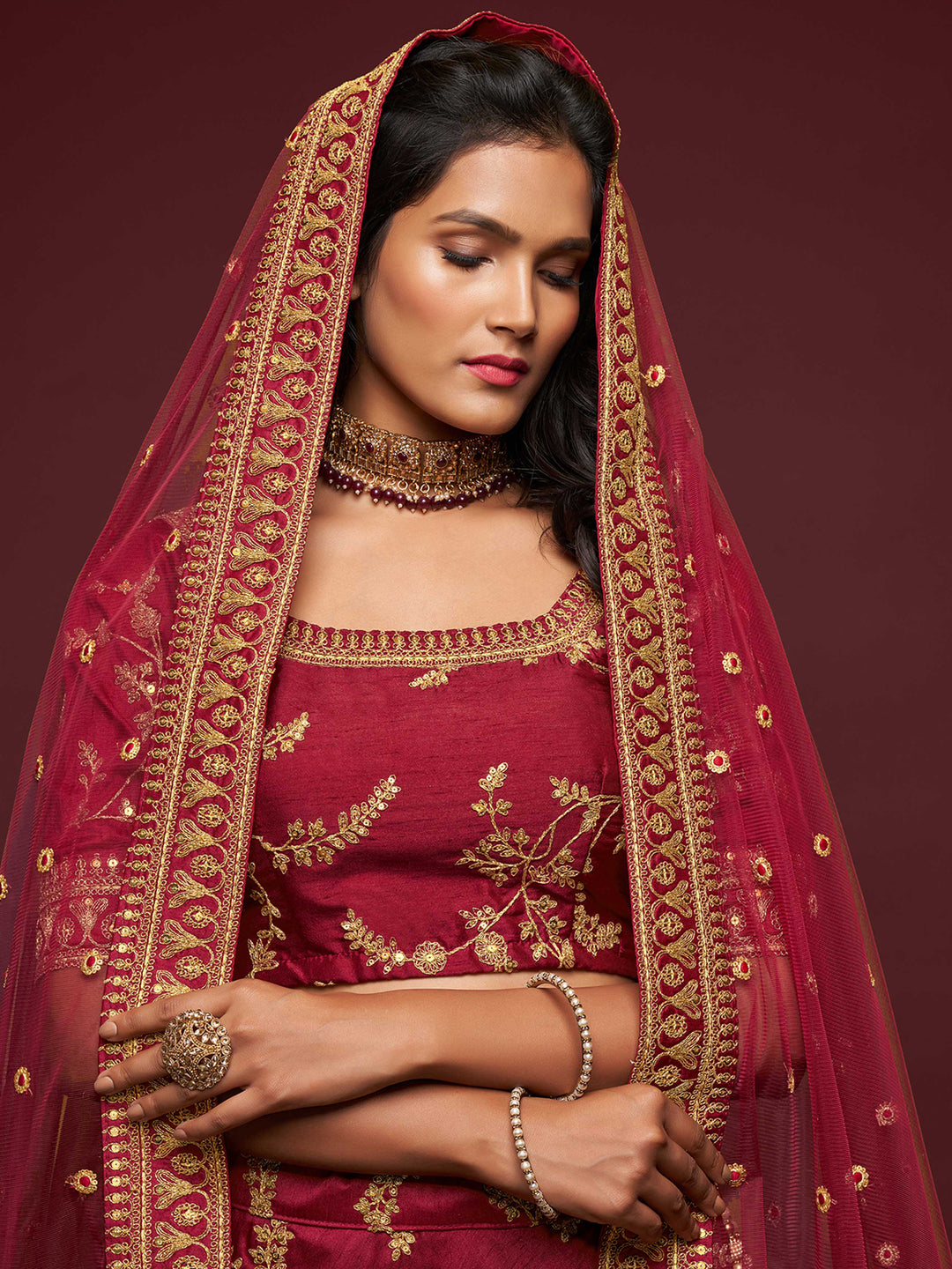 Maroon Art Silk Embroidered Semi Stitched Lehenga Choli with Dupatta