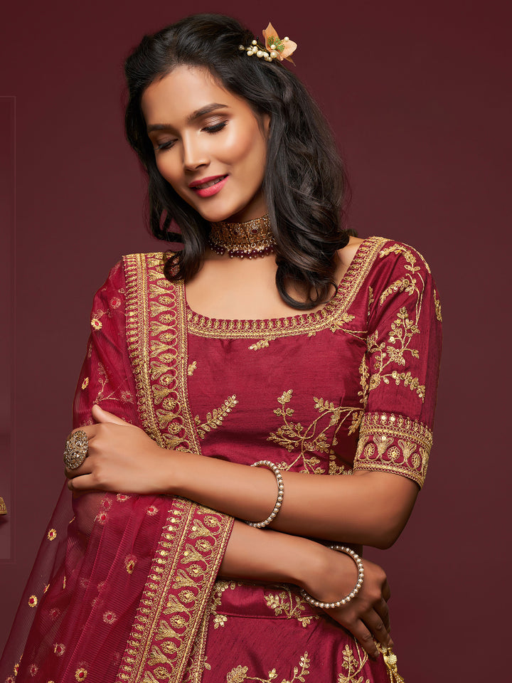 Maroon Art Silk Embroidered Semi Stitched Lehenga Choli with Dupatta