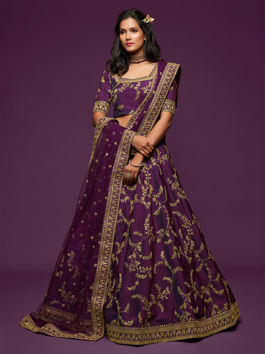 Purple Art Silk Embroidered Semi Stitched Lehenga Choli with Dupatta