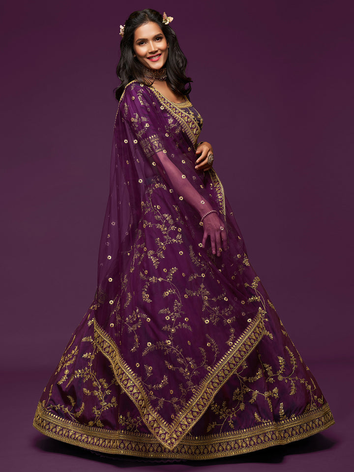 Purple Art Silk Embroidered Semi Stitched Lehenga Choli with Dupatta