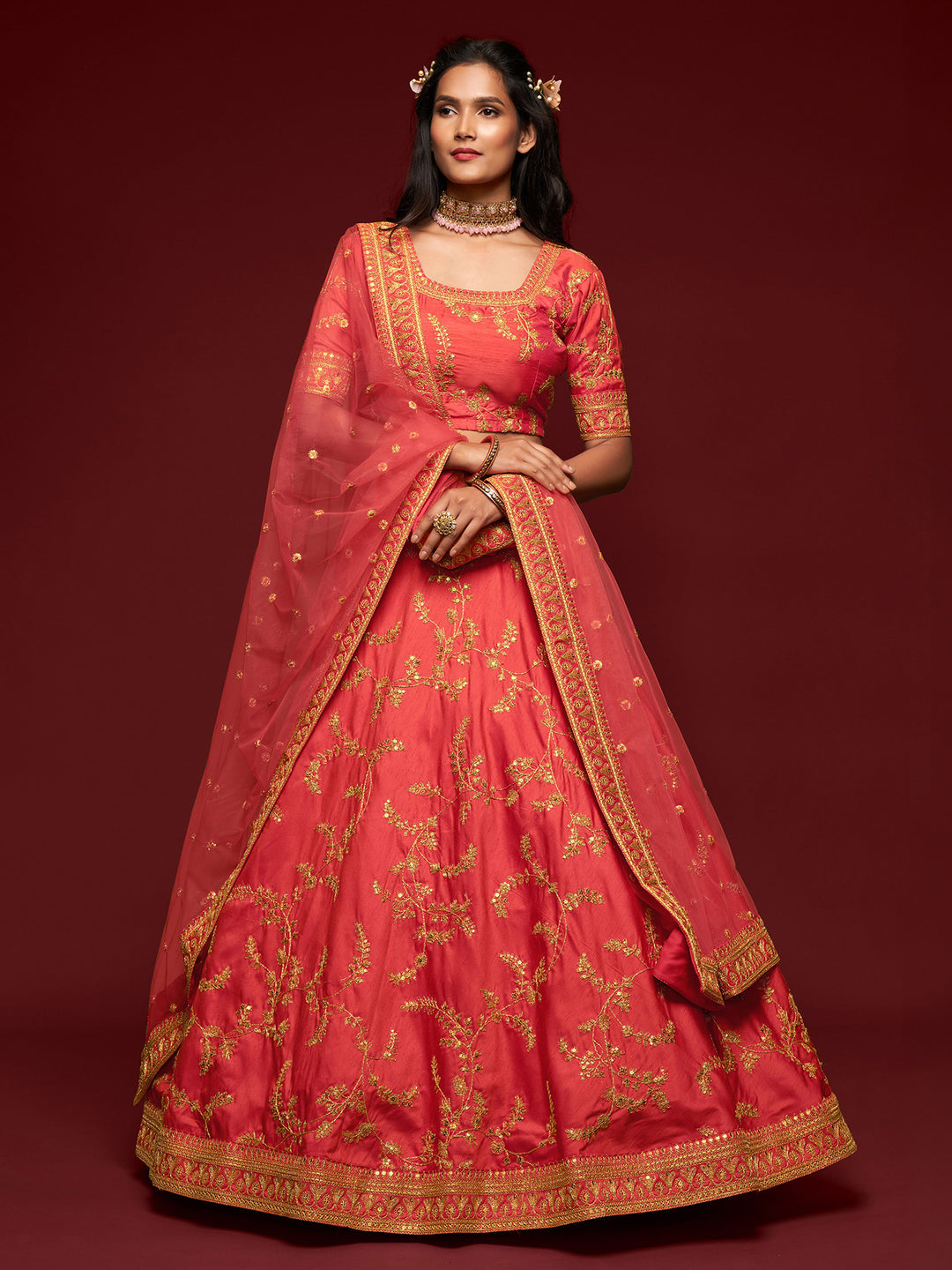 Coral Art Silk Embroidered Semi Stitched Lehenga Choli with Dupatta