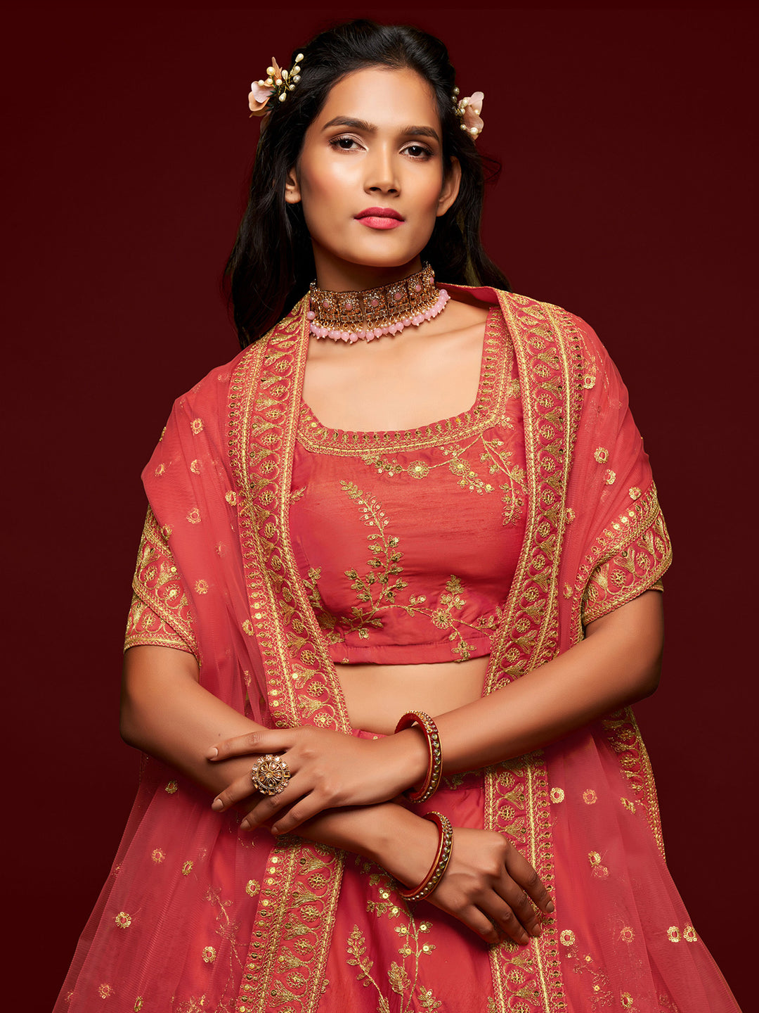 Coral Art Silk Embroidered Semi Stitched Lehenga Choli with Dupatta
