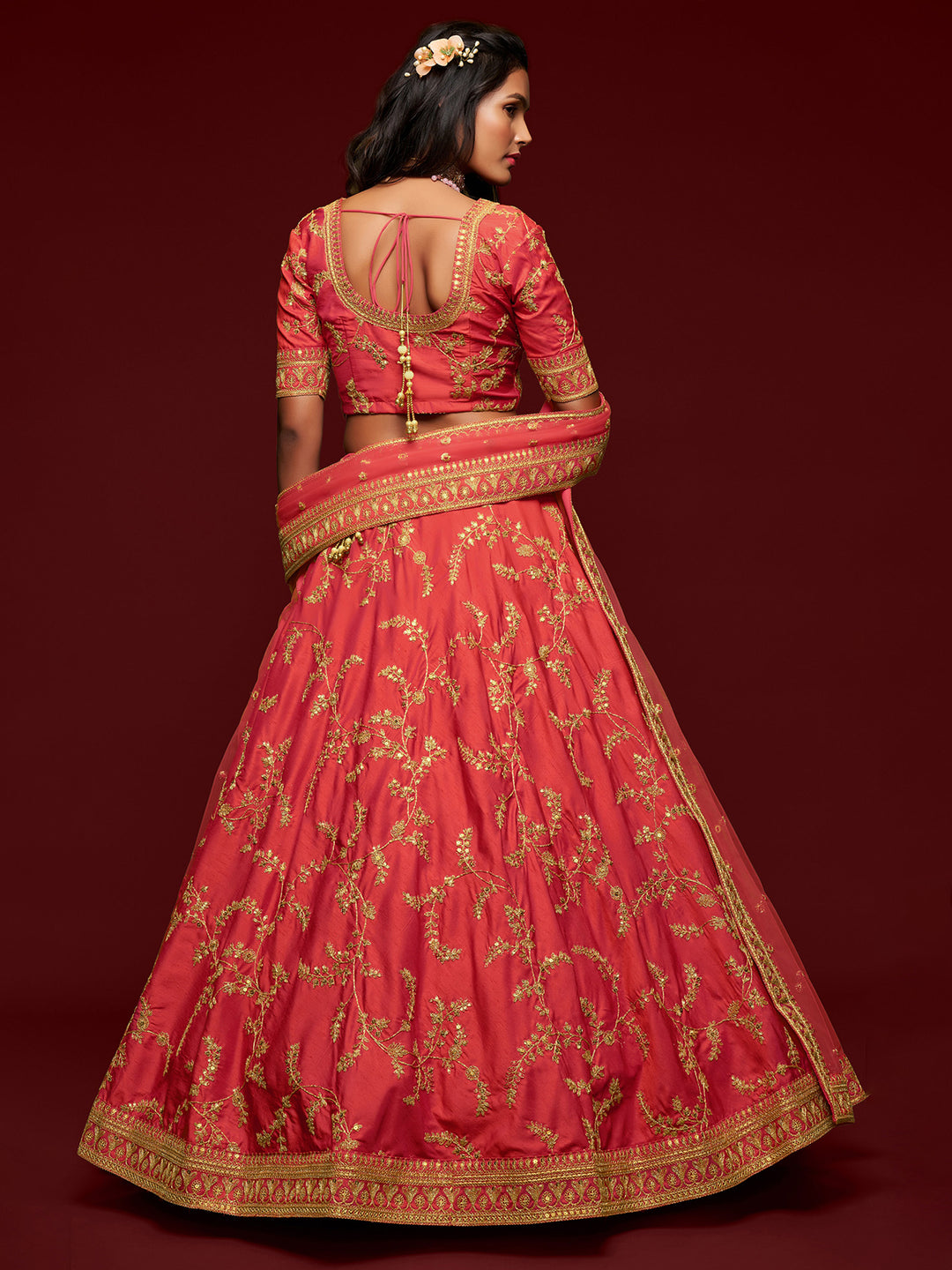 Coral Art Silk Embroidered Semi Stitched Lehenga Choli with Dupatta