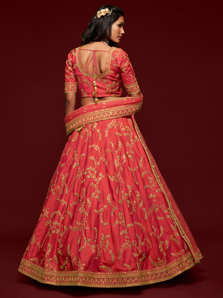 Coral Art Silk Embroidered Semi Stitched Lehenga Choli with Dupatta