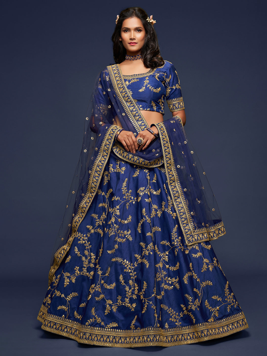 Blue Art Silk Embroidered Semi Stitched Lehenga Choli with Dupatta