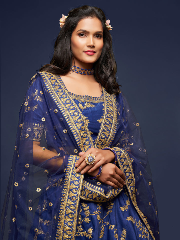Blue Art Silk Embroidered Semi Stitched Lehenga Choli with Dupatta