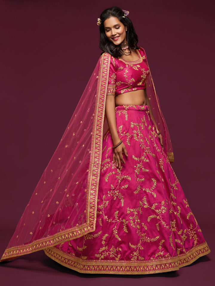 Pink Art Silk Embroidered Semi Stitched Lehenga Choli with Dupatta