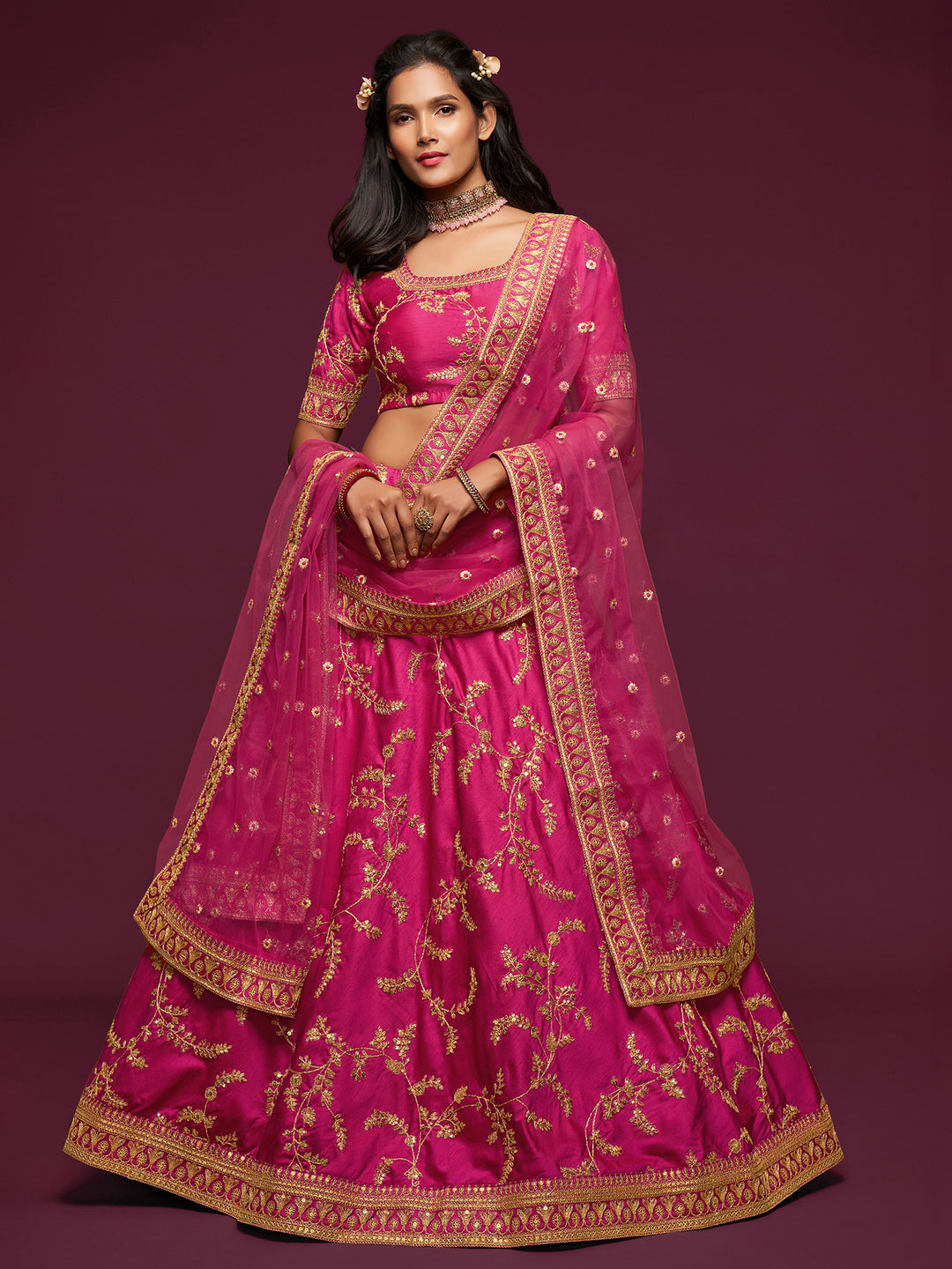 Pink Art Silk Embroidered Semi Stitched Lehenga Choli with Dupatta