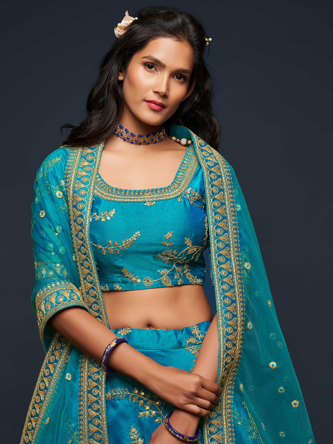 Blue Art Silk Embroidered Semi Stitched Lehenga Choli with Dupatta