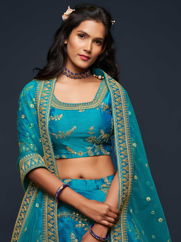 Blue Art Silk Embroidered Semi Stitched Lehenga Choli with Dupatta