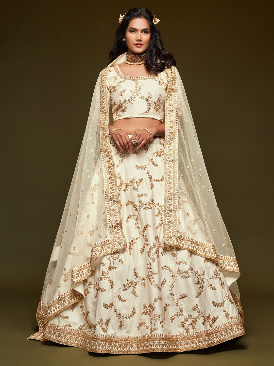 Off-White Art Silk Embroidered Semi Stitched Lehenga Choli with Dupatta