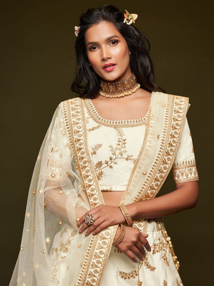 Off-White Art Silk Embroidered Semi Stitched Lehenga Choli with Dupatta