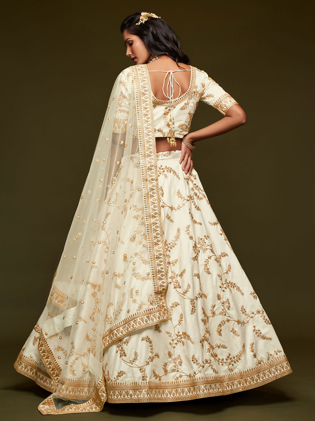 Off-White Art Silk Embroidered Semi Stitched Lehenga Choli with Dupatta