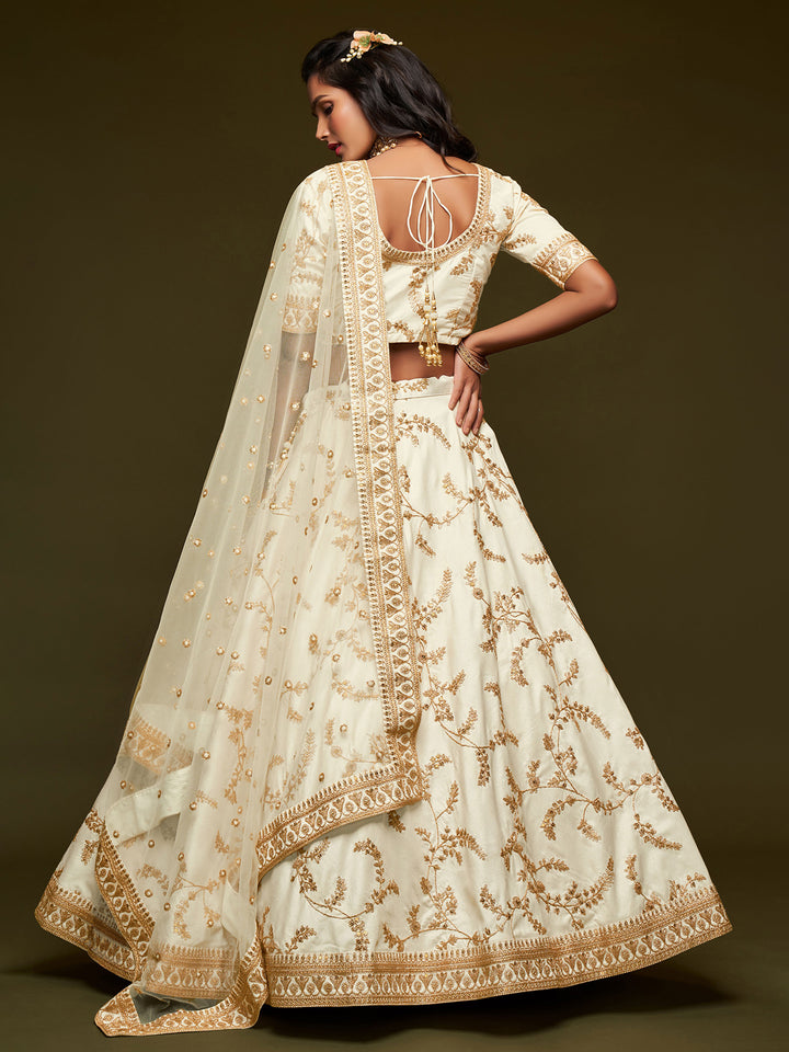 Off-White Art Silk Embroidered Semi Stitched Lehenga Choli with Dupatta