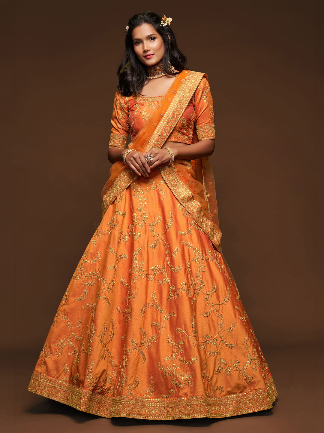Orange Art Silk Embroidered Semi Stitched Lehenga Choli with Dupatta