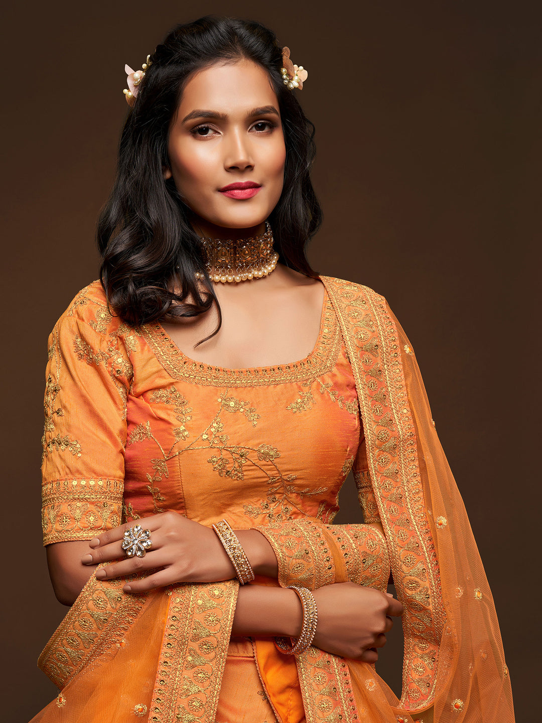 Orange Art Silk Embroidered Semi Stitched Lehenga Choli with Dupatta